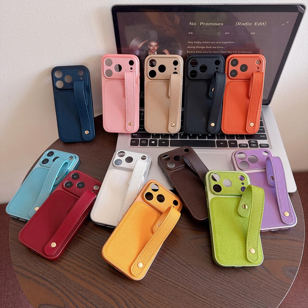 Wristband Leather Skin Hybrid Phone Case For iPhone 17 Pro Max iPhone 16 15 14 13 Pro Max with Hand Strap PC+PU Matte Anti-skid Hard Cover