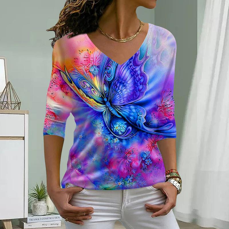 Black Butterfly Print Women Tshirts Ladies Tops Long Sleeve V-neck Pullover Femme T-shirts T Shirt For Women