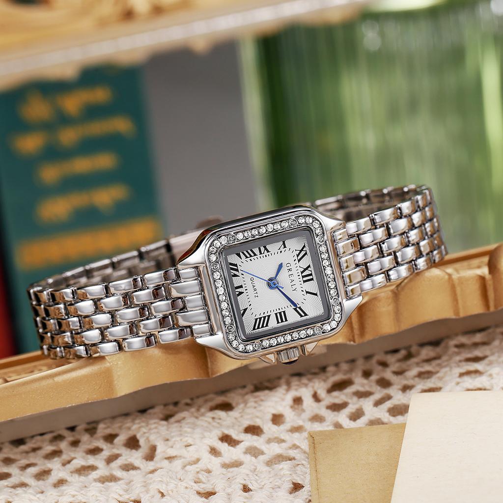 Ladies Exquisite Fashion High Appearance Level Roman Numerals Dial Square Dial Steel Band Quartz Watch.