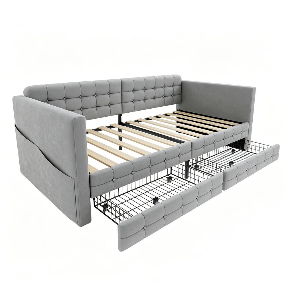 Upholstered Sofa Bed 90x190, Checkered Pattern, Storage Compartments On Sides, Two Drawers Under Bed, Guest or Single Bed, Velvet Fabric, Light Grey