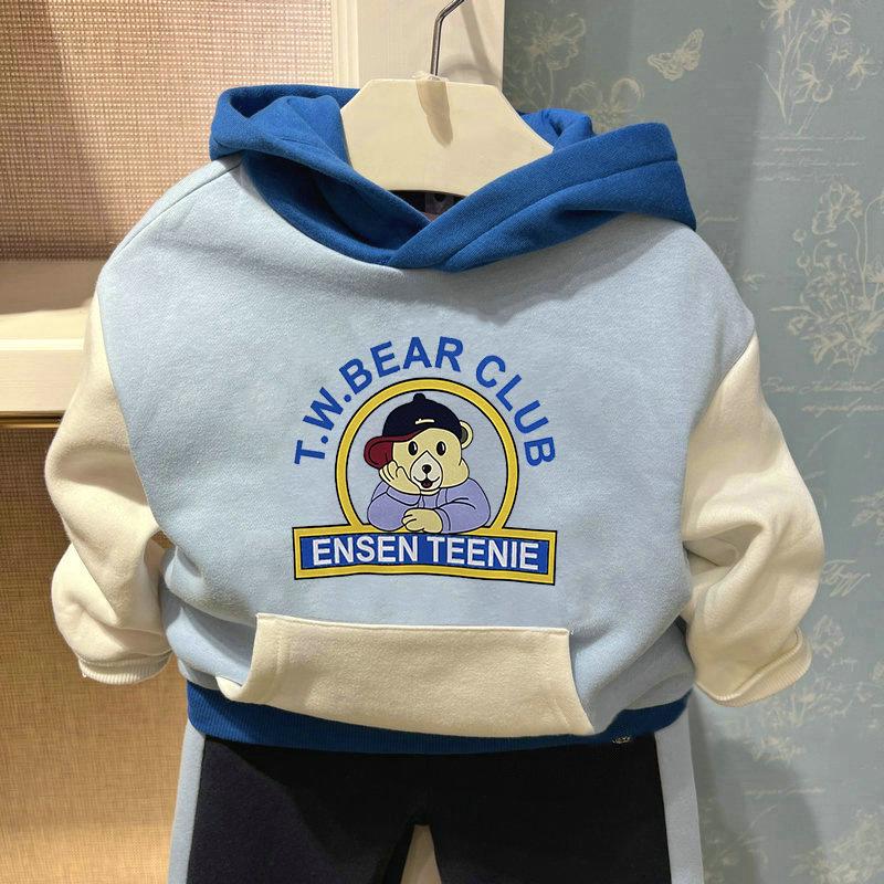 Boys  Fleece-Lined Hooded Sweatshirt - Thick Warm Patchwork Pullover for Fall/Winter 120 cm