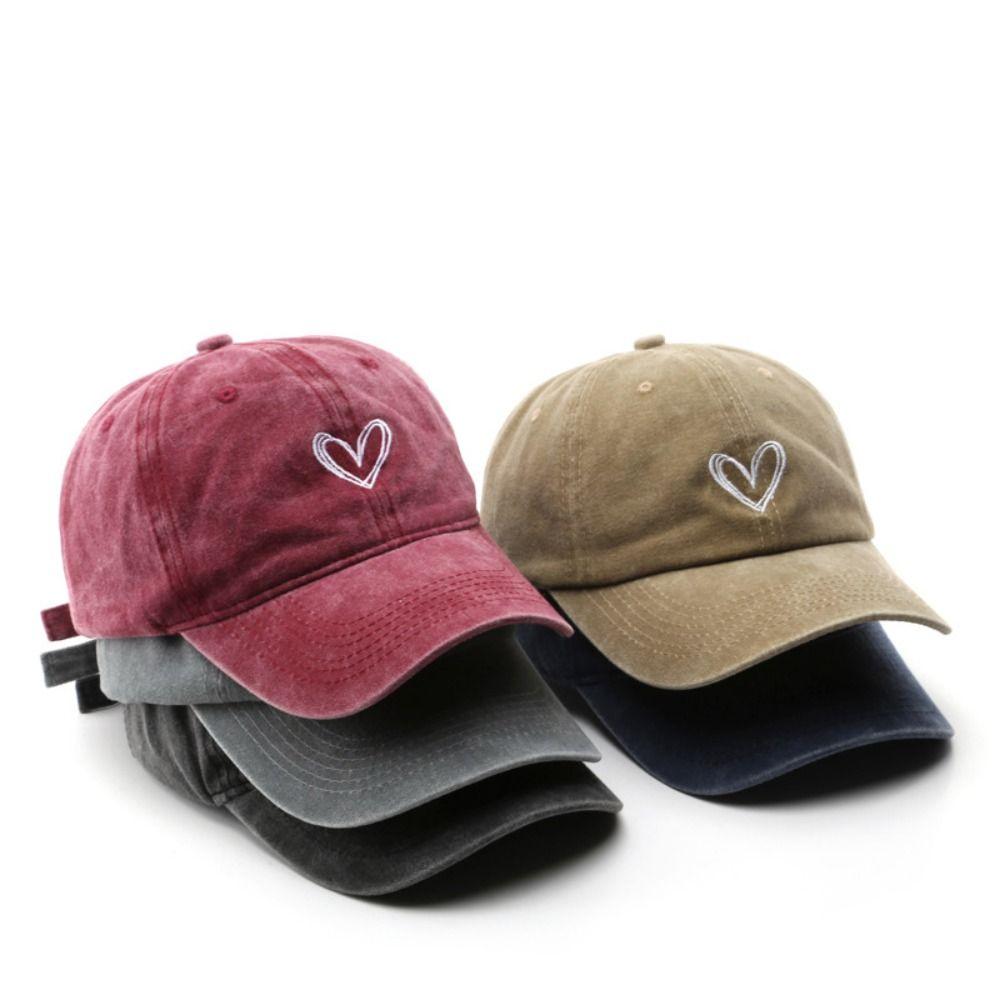 New Embroidery Peach Heart Spring/Summer Hat Adjustable Casual Soft Top Duck Hat Wash Denim Baseball Caps for Women Men Couple