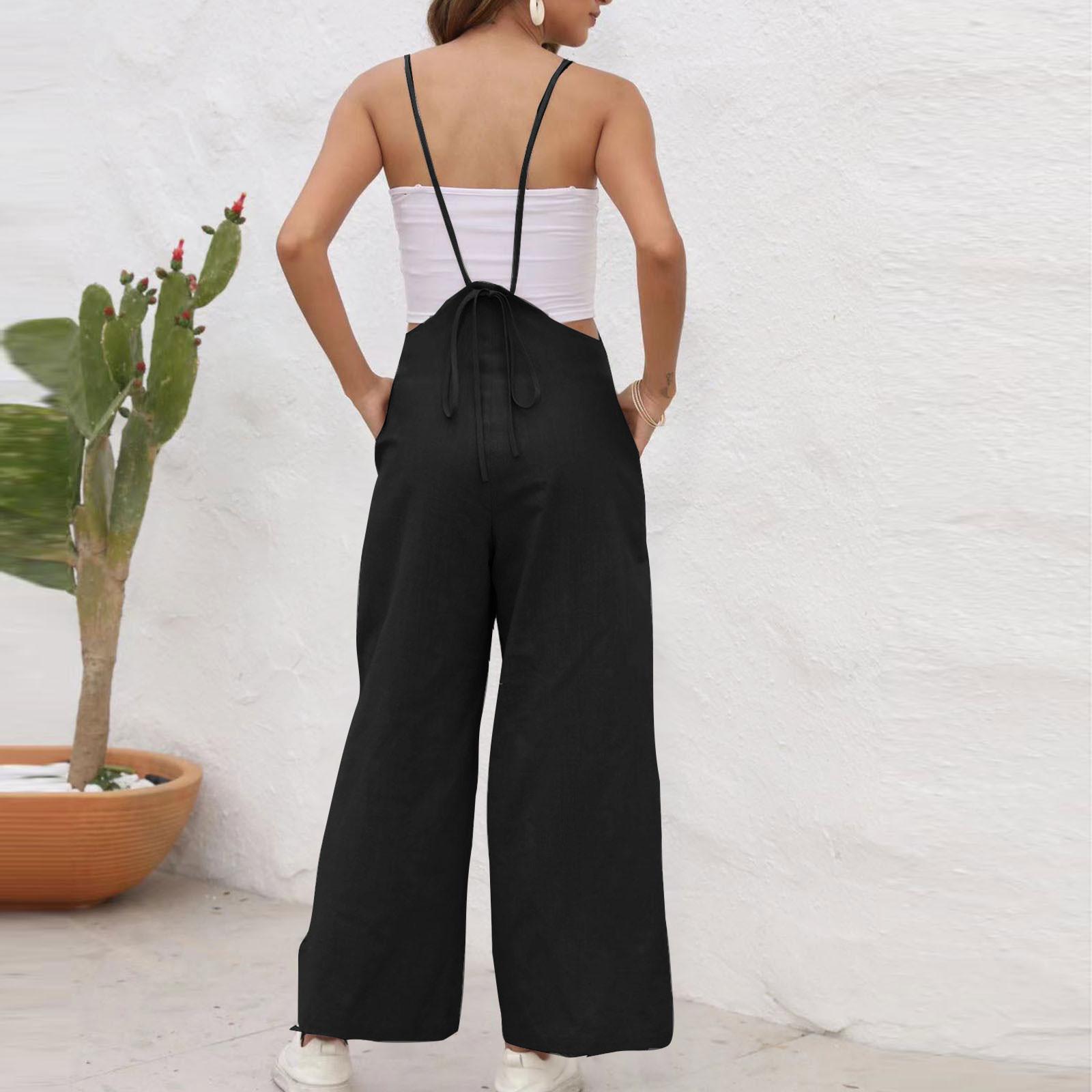 Женские модные летние однотонные брюки без рукавов с v-образным вырезом — фото 5