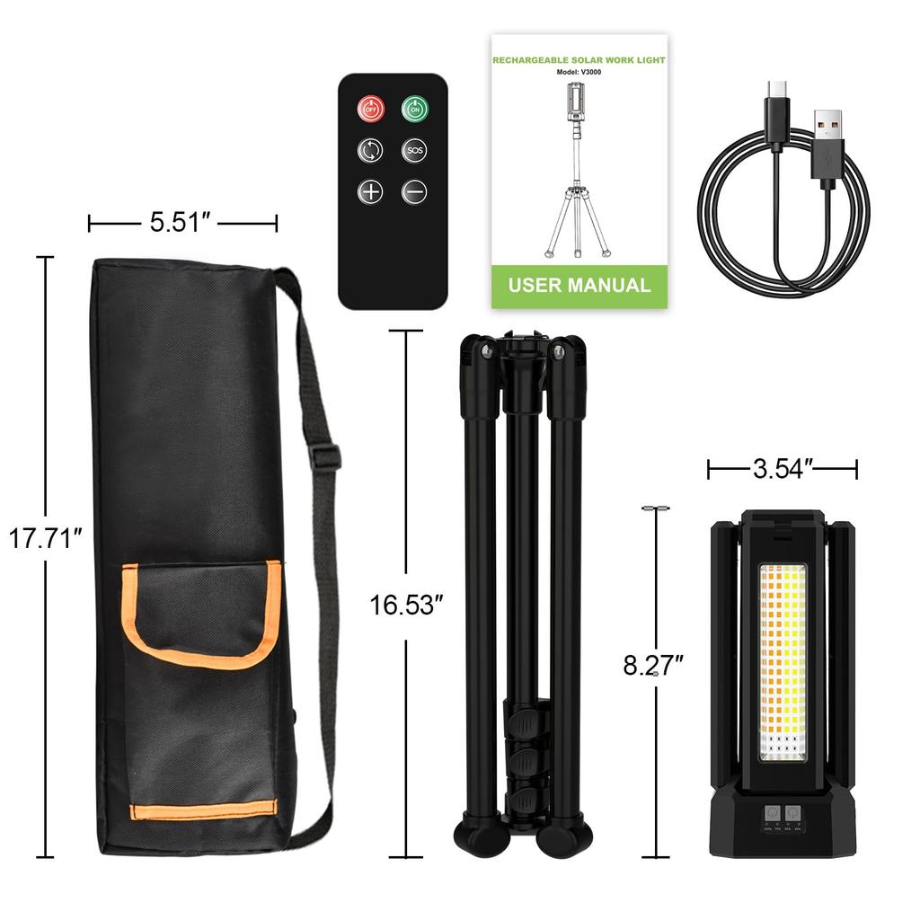 Floodlight LED Work Light 8000lm Brightness USB Rechargeable Solar Charging 4 Lighting Modes 3 Color Switching Daylight Warm White Bulb Color Magnetic