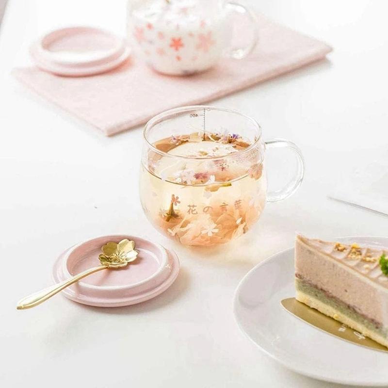 Tazza da caffè in vetro Sakura creativa da 400 ml, carina, trasparente, resistente al calore, tazza d'acqua con manico, coperchio, cucchiaino
