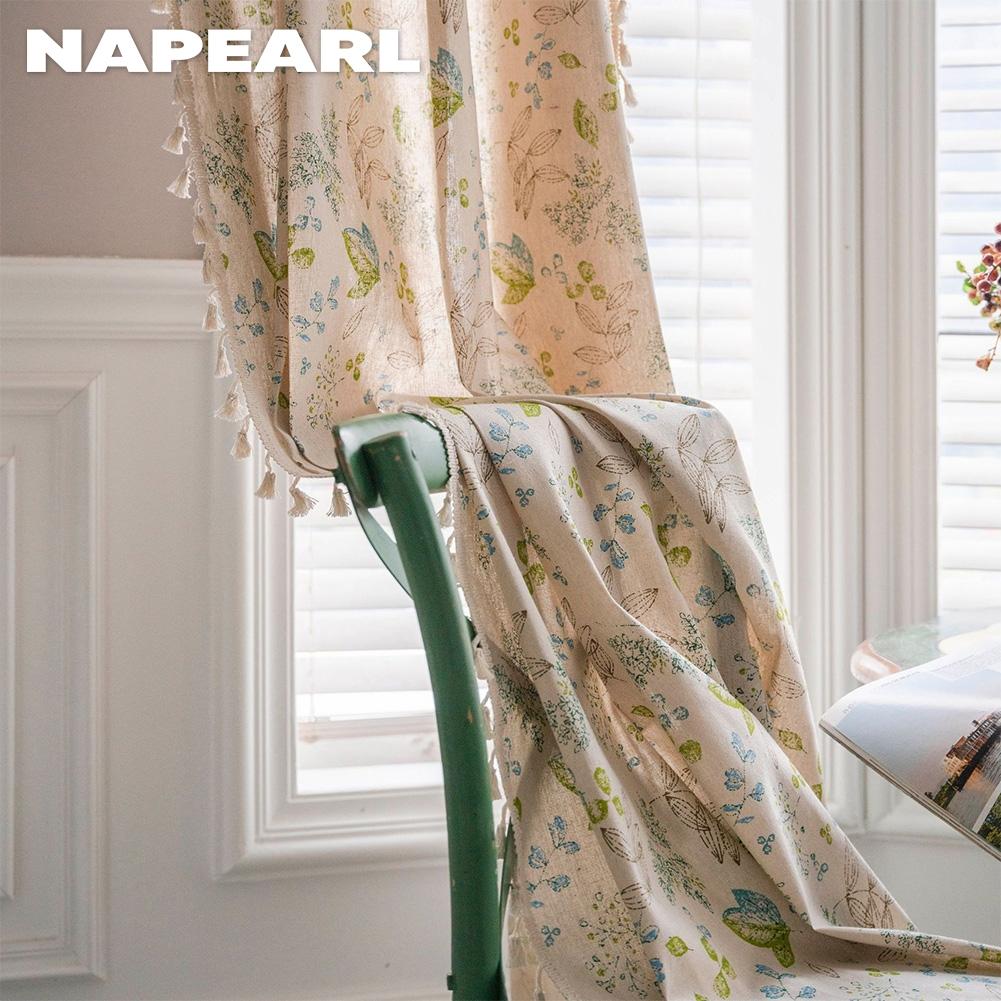 1 stk NAPEARL Bomull og Lin Trykte Beige Dusker Halvmørkleggende Gardiner for Små Vinduer Balkong Hjemmedekor