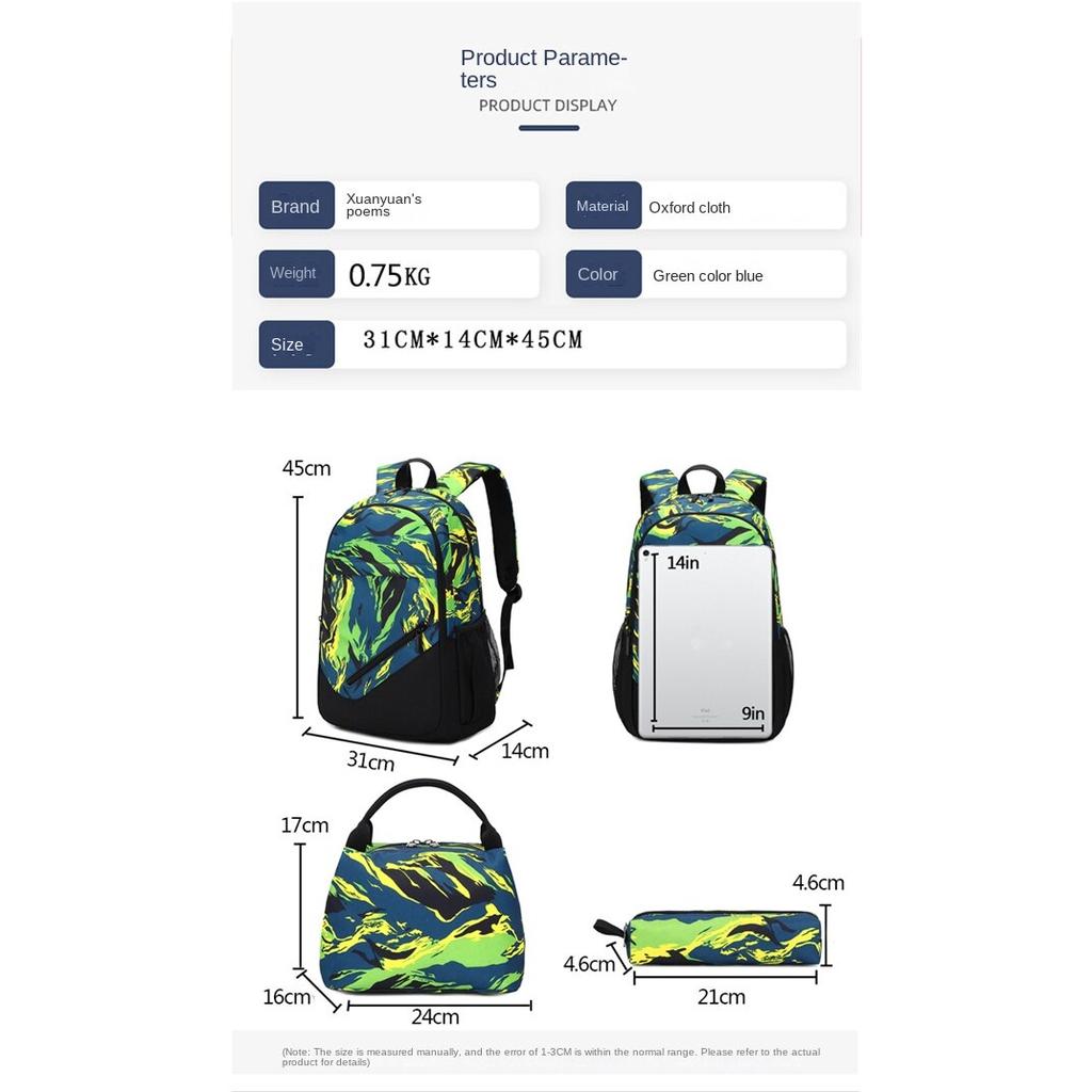 SUNBORLS New Camouflage Backpack Wear-resistant Waterproof Student Schoolbag Three-piece Travel Bag