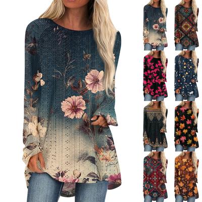 Damen Oberteile Rundhals Langarm Blusen Lässige Mittellange Hemden Mode Druck Tunika-Tops