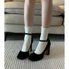 Women Sexy Black Ankle Strap High Heels Autumn Woman Flock Round Toe Pumps Female Suede Buckle Fashion Shallow Pumps