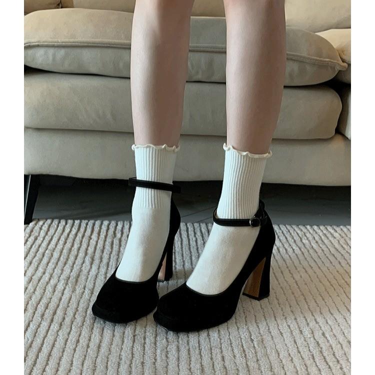 Women Sexy Black Ankle Strap High Heels Autumn Woman Flock Round Toe Pumps Female Suede Buckle Fashion Shallow Pumps