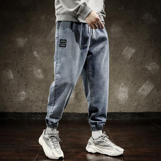Mid-Rise Elastic Waistband Drawstring Shrinkable Cuffs Casual Jeans Men Multi Pockets Hip Hop Denim Jogging Pants Streetwear