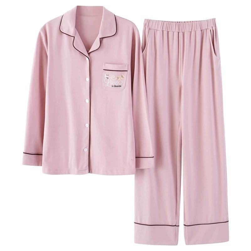 Pigiama in Cotone da Donna Primavera e Autunno Manica Lunga Indumento Esterno Servizio Casalingo Coreano Completo Camicia e Pantaloni a Manica Lunga