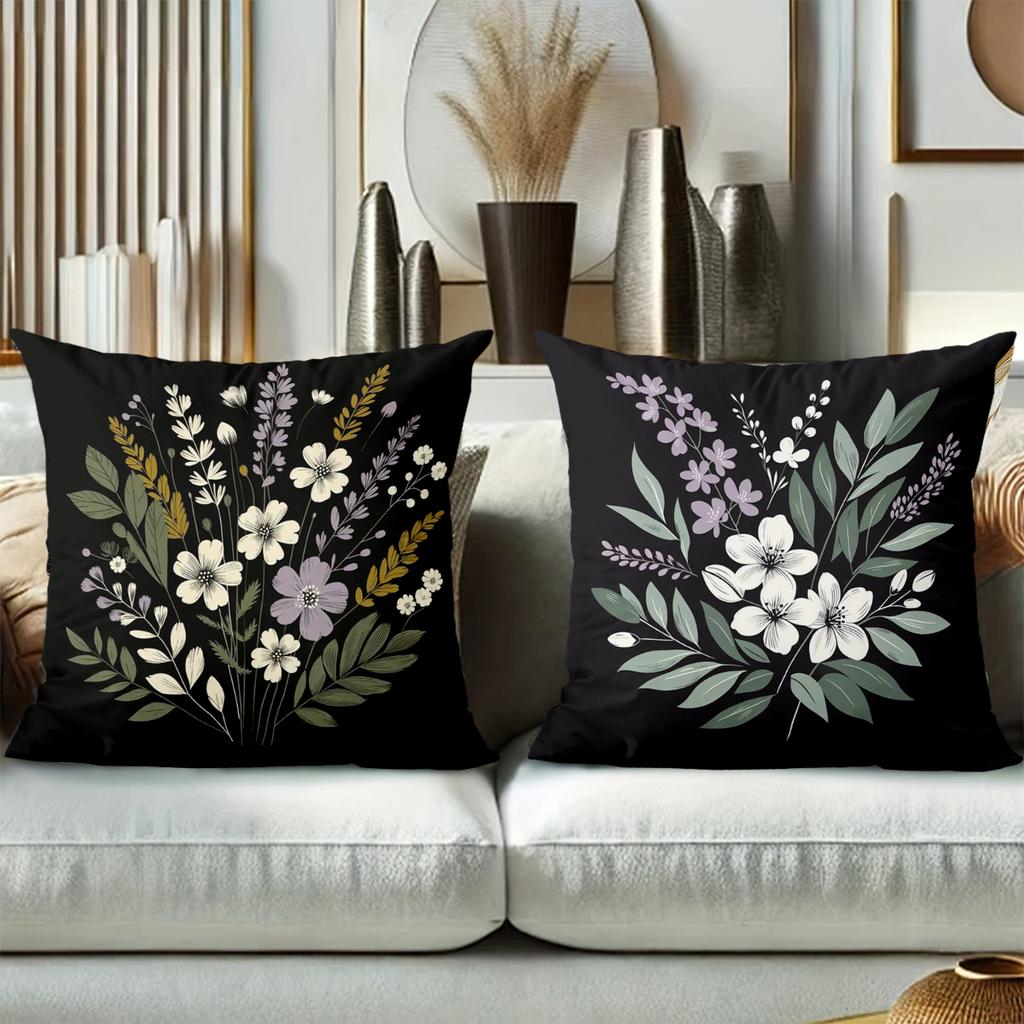 Floral Pattern Black Throw Pillow For Home Decor Polyester Pillowcase, Sofa Decorative Cushion Cov Headboard Pillow