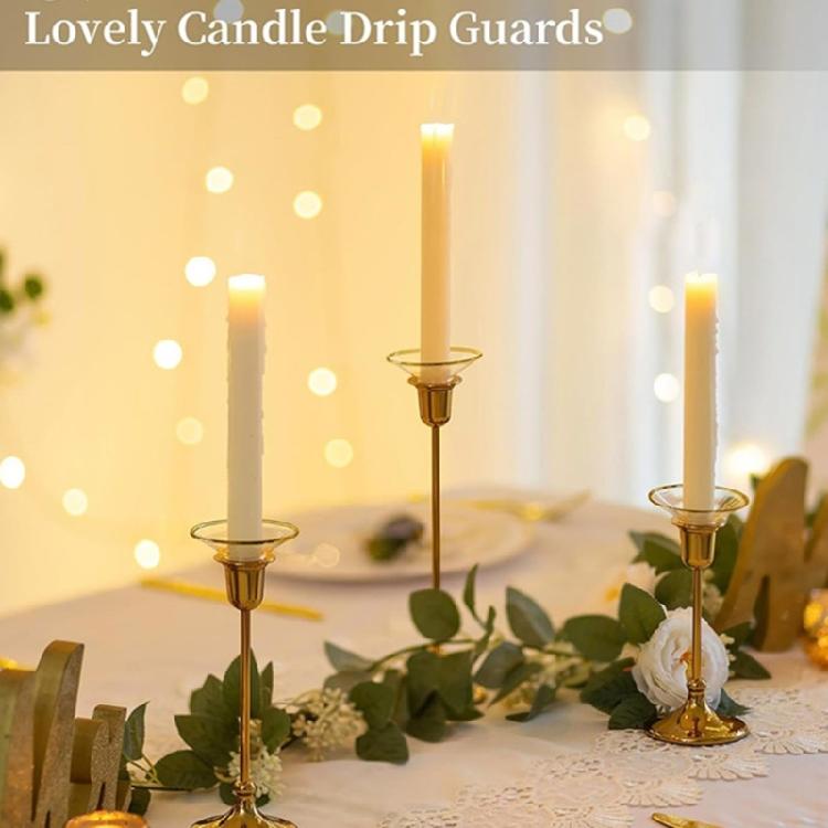 Set of 6 Clear Glass Bobeches for Candlestick Holders Candle Accessories with Golden Rimmed Wax Drips Catchers Rings Protectors