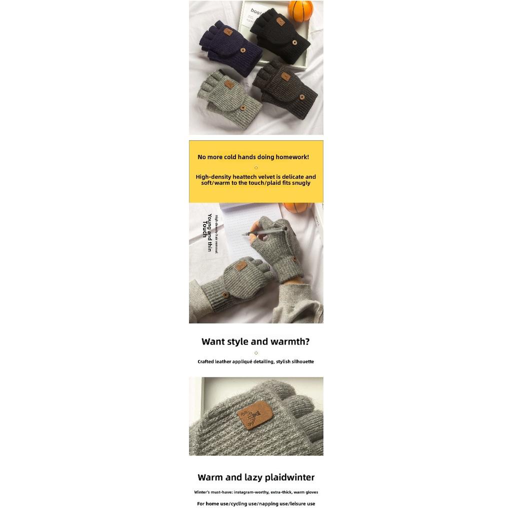 Men's Winter Jacquard Half Finger Open Finger Flip Knitted Thick Women's Warm Gloves