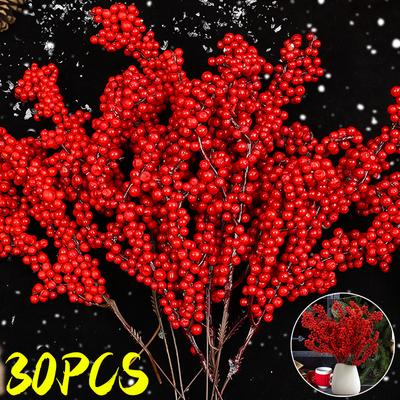 30/5PCS Christmas Artificial Berries Stem Red Holly Berry Fake Flowers Plant for Xmas Tree New Year Party Home Decor Ornament