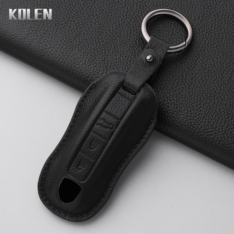 Leather Car Key Case Cover Shell For Porsche Cayenne Panamera 911 992 996 Taycan Macan Boxster 968 987 981 Key Protect Keychain