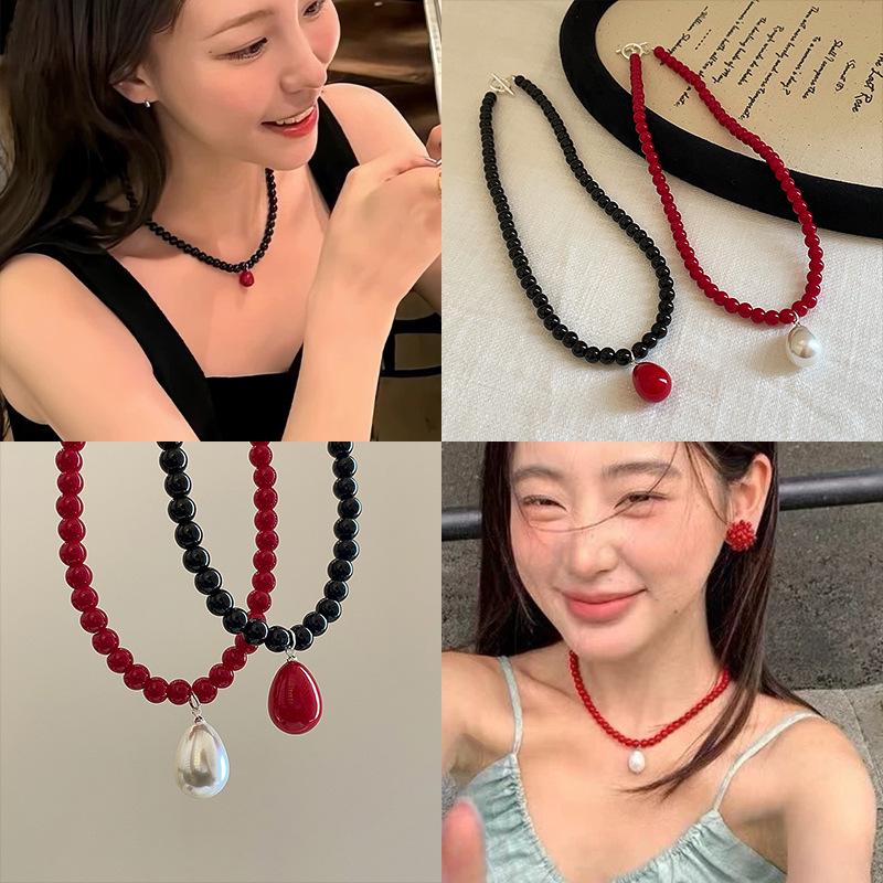 Korean Water Drop Pendant Beaded Necklace - Elegant Retro Choker for Women