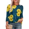 Women's Casual Round Neck Slim Sunflower Print Pleated Seven Sleeve Top