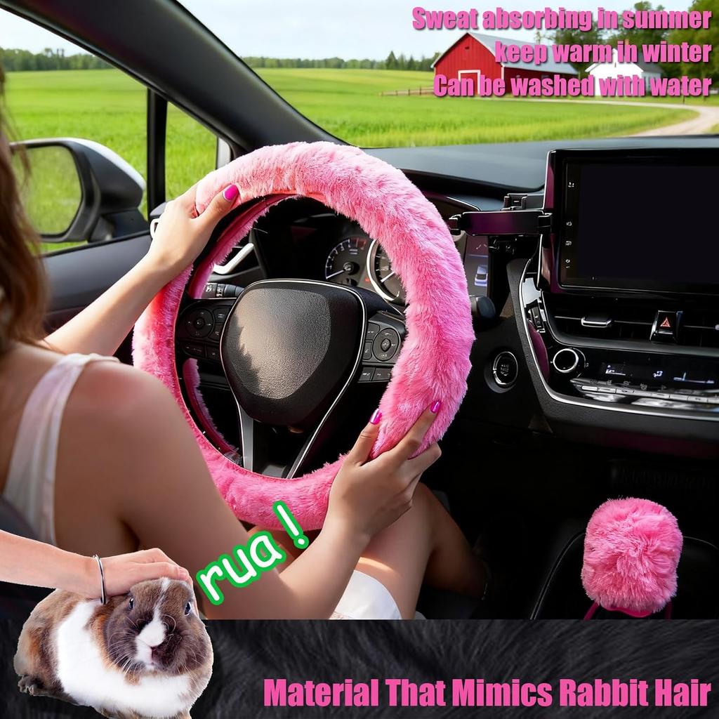 Furry Car Steering Wheel Cover, Fluffy Cover, Soft Warm Plush Non-Slip, 14 1/2-15 Inch, For Women Girls, Pink