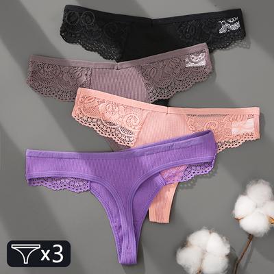 3 pièces/ensemble femmes coton tongs dentelle Bikini caleçon S-XL dames sous-vêtements en string doux string culotte femme Lingerie