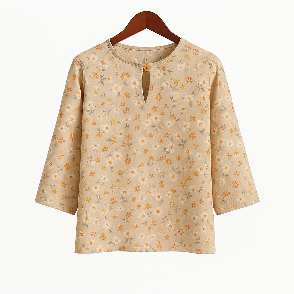Женская льняная блузка - Рукав три четверти, Круглый вырез, Повседневная, Свободный крой, Однотонный дизайн, Топ-пуловер S бежевый