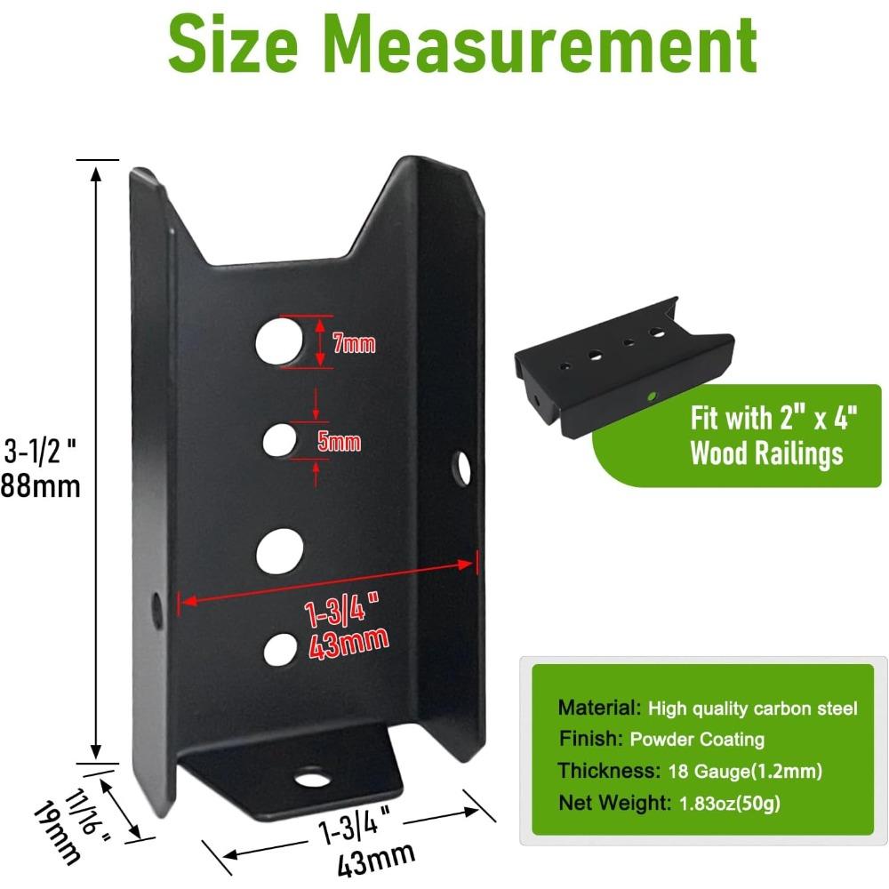 4Pack 2x4 Deck Railing Brackets, 18-Gauge Steel Black Powder Coated Fence Rail Connectors for Wood Post, Indoor Outdoor Use, Screws Not Included