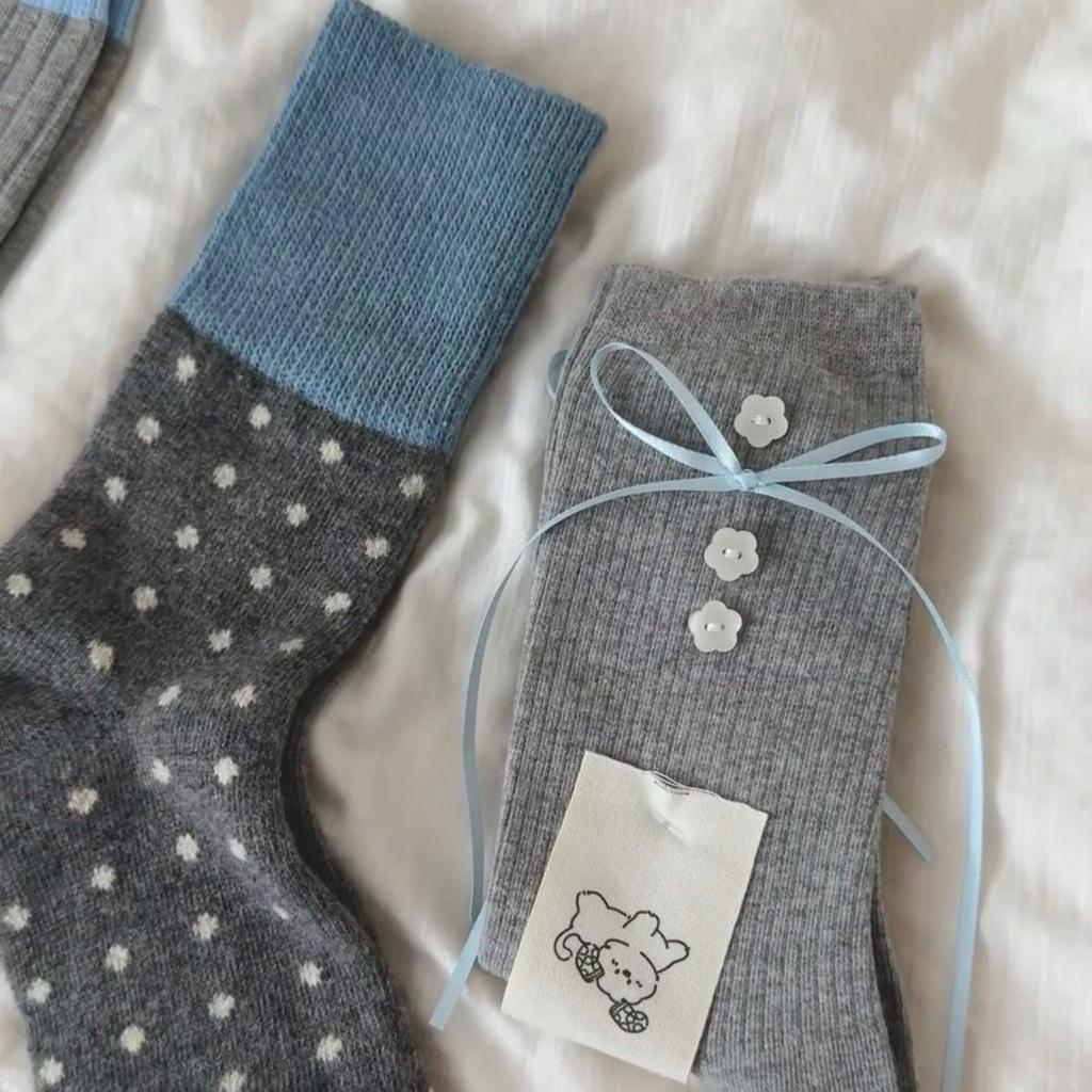 Haha! Hard To Refuse, Gray-Blue Socks, Sweet Ribbons, Bow Buttons, Stacked Socks.