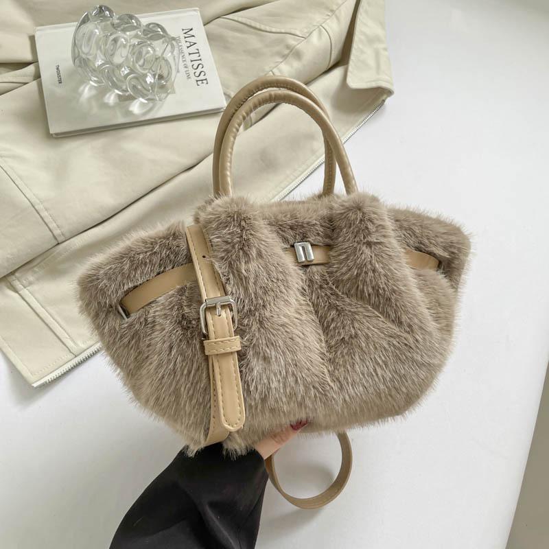 Chic Plush Women's Tote Bag, Imitati Mink Fur Women Handbag, Vegetable Basket Bag, Pleated Bag, Stylish Shoulder Crossbody Bag
