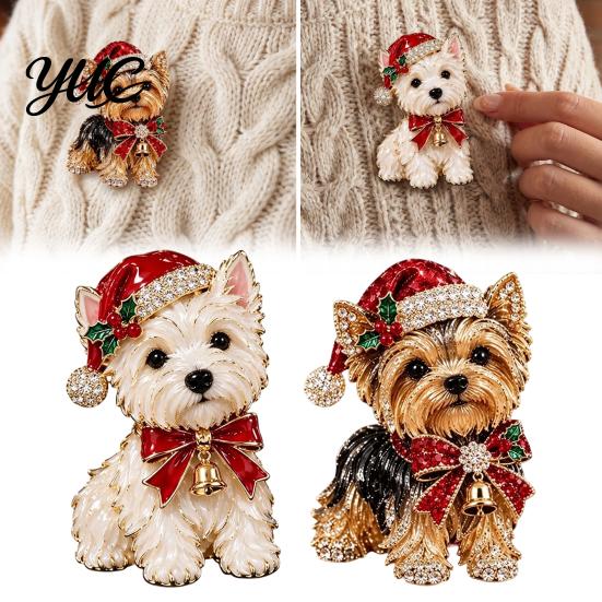 Holiday Party Accessory 1/2Pcs Christmas Yorkshire Terrier Dog Brooch, Santa Hat Puppy Lapel Pin with Rhinestones Rhinestones, Animal Badge for Coats