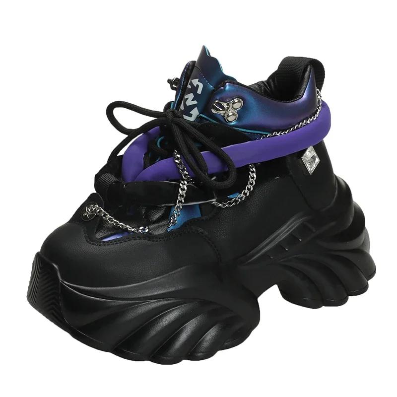 

8CM Metal Chain Chunky Sneakers Designer High Platform Casual Shoes Females Autumn Wedge Heels Sport Winter Plush Leather Shoes 35 чёрный