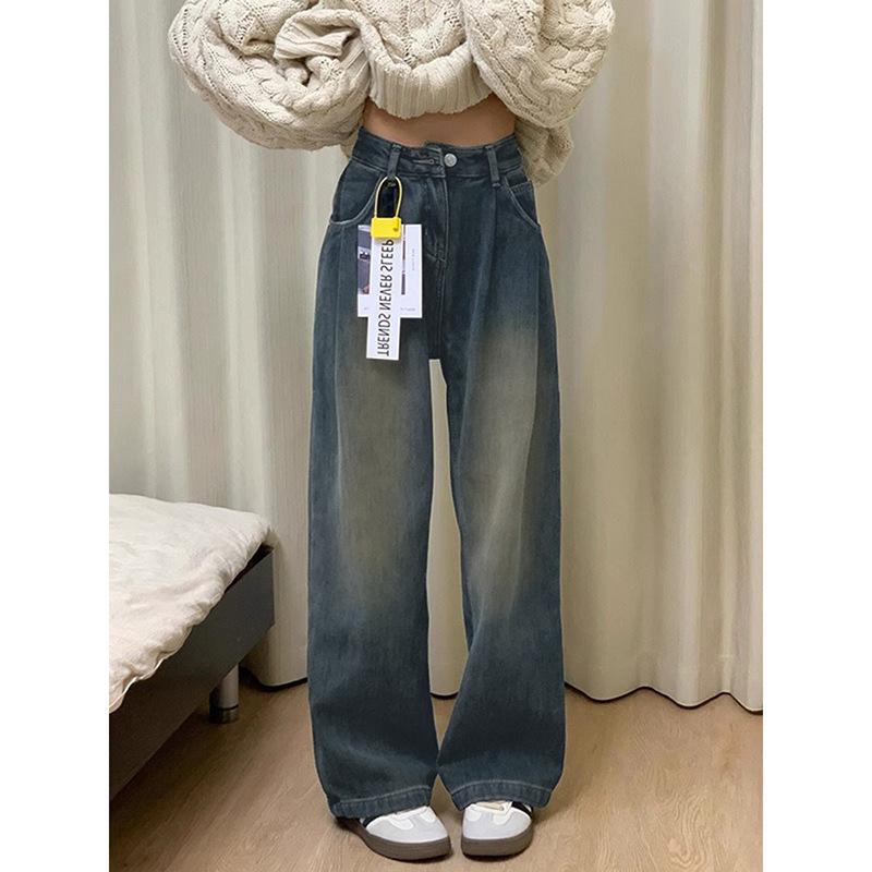 Women's Plus Size Flannel-Lined Wide-Leg Jeans, 2025 Autumn/Winter Retro Loose Fit
