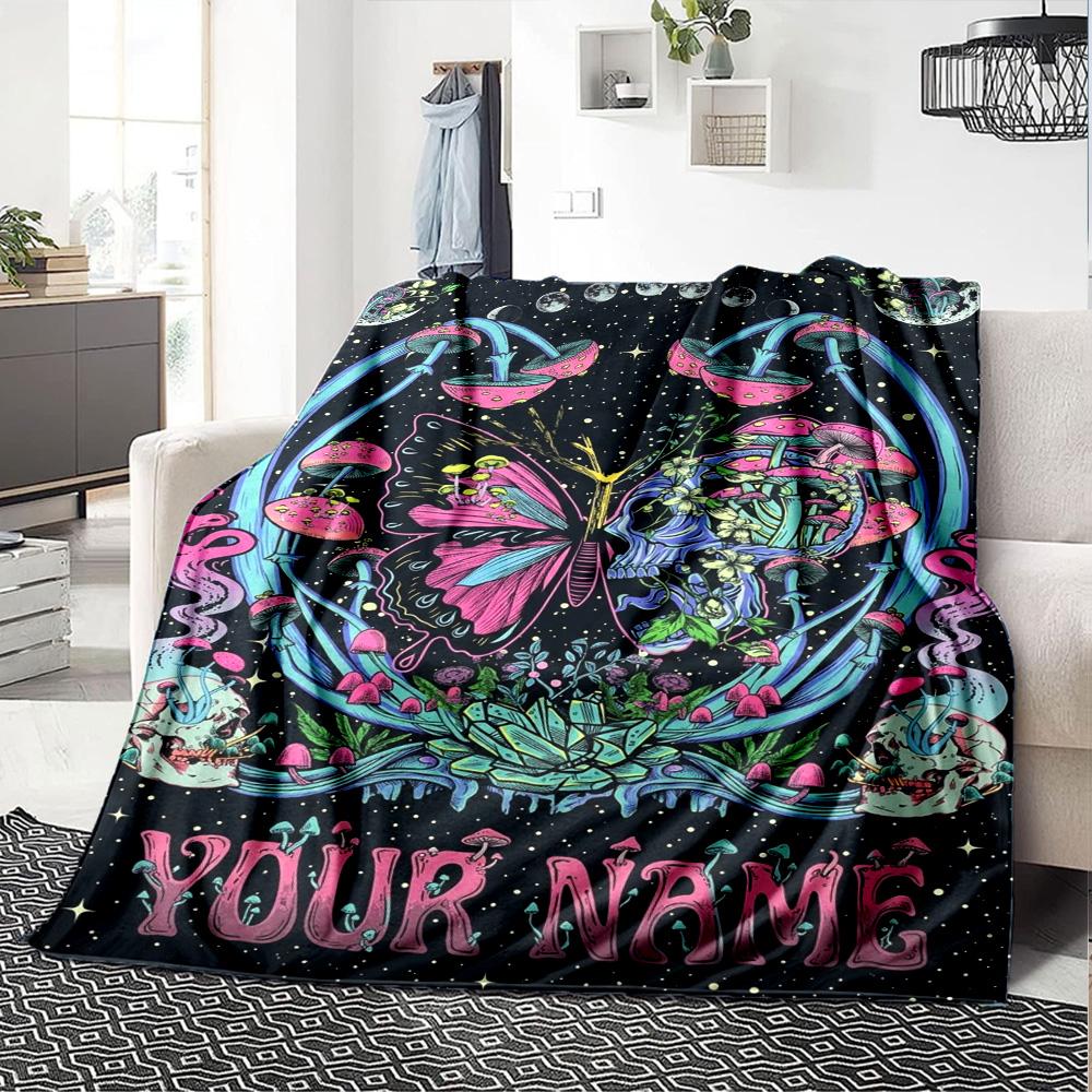 Name Custom Skull and Butterfly Print Flannel Blanket High Quality Warm Comfortable Cover for All Seasons Perfect for Gifts Home Decor