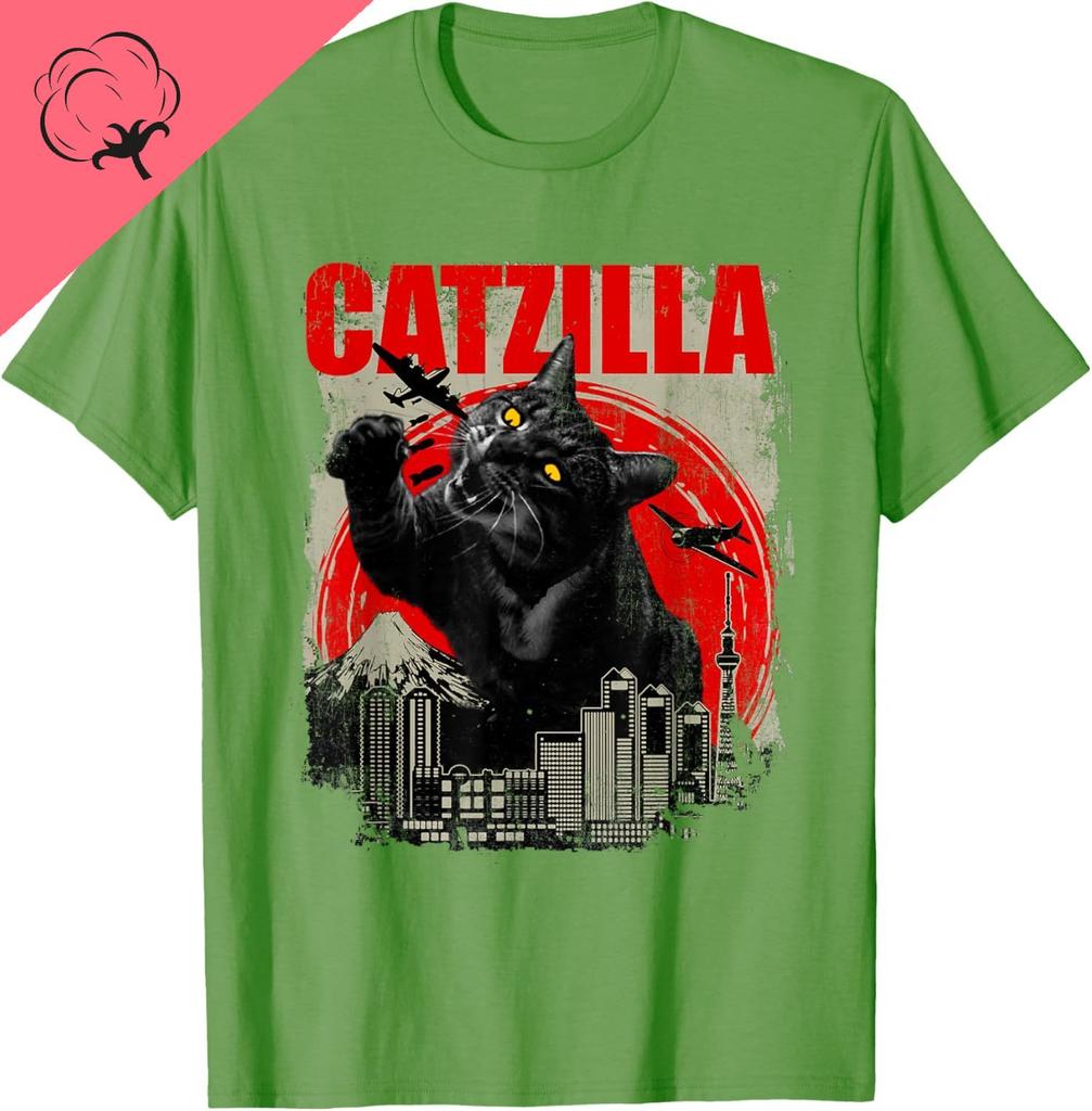 Catzilla Camiseta Casual Funny Cat Lover Kitten Kitty Short Sleeve TShirt Pet Lover Tee Cotton Shirt