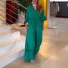 Summer Women's Casual Solid-color Lapel Lotus Leaf Sleeve Mid-waist Pocket Jumpsuit