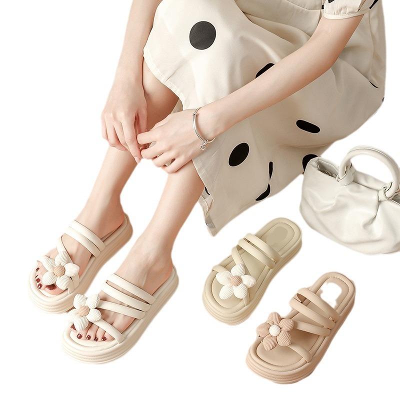 Sandals women's summer outer wear new versatile thick-soled non-slip one-word drag flower cool slippers