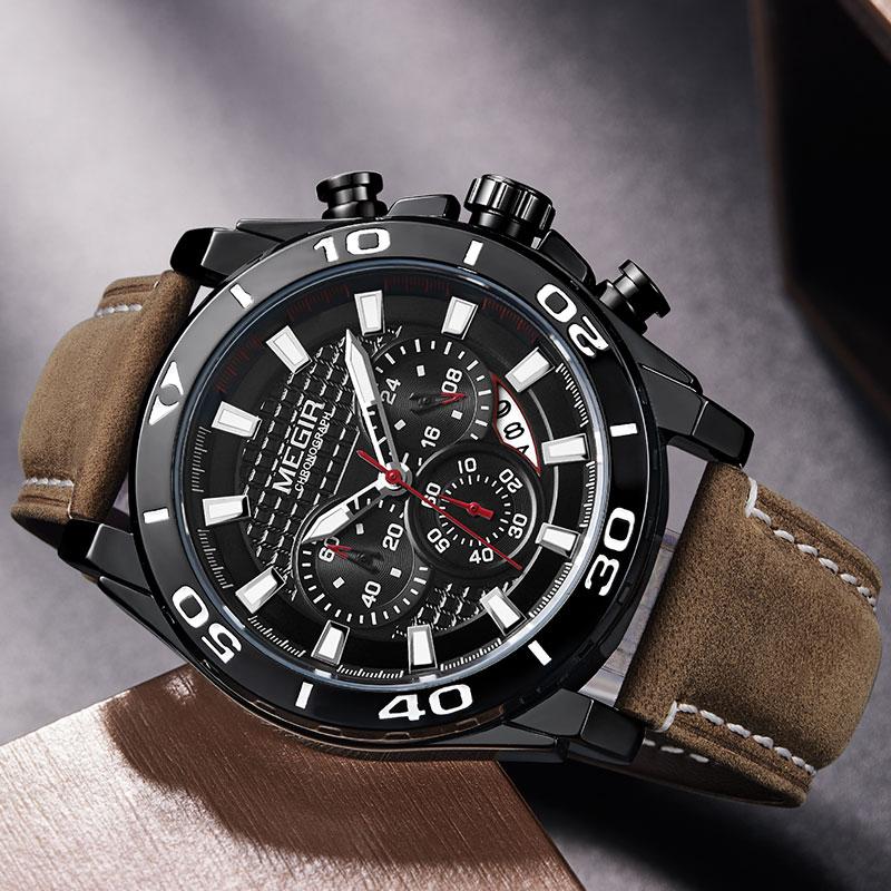 Men's Leather Strap Quartz Watches Waterproof Luminous Army Sports Chronograph Wristwatch Man Relogios Clock Gold