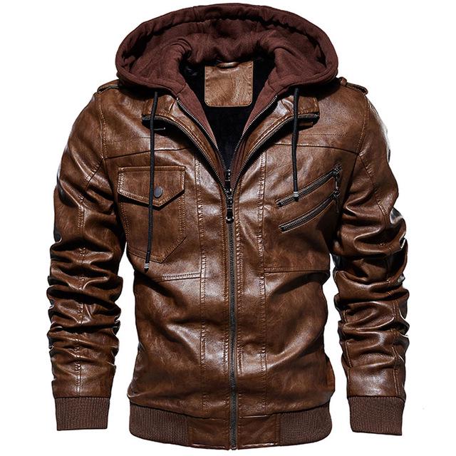 Autumn Winter Hooded Jacket Men Hat Detachable Motorcycle Biker Jackets Casual Pu Leather Coat