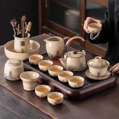 Mi Huang Ru Kiln Kung Fu Tea Set, Home Reception Ceramic Teapot, Tea Cup, Tea Tray Set, Office Tea Set