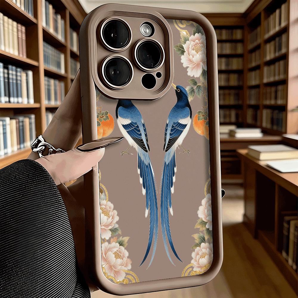 Blue Magpies Peonies Shockproof Soft Phone Case For Xiaomi Redmi Note 15 14 13 12 11 10 9 8 Pro Anti-Slip Anti-Fall Cover