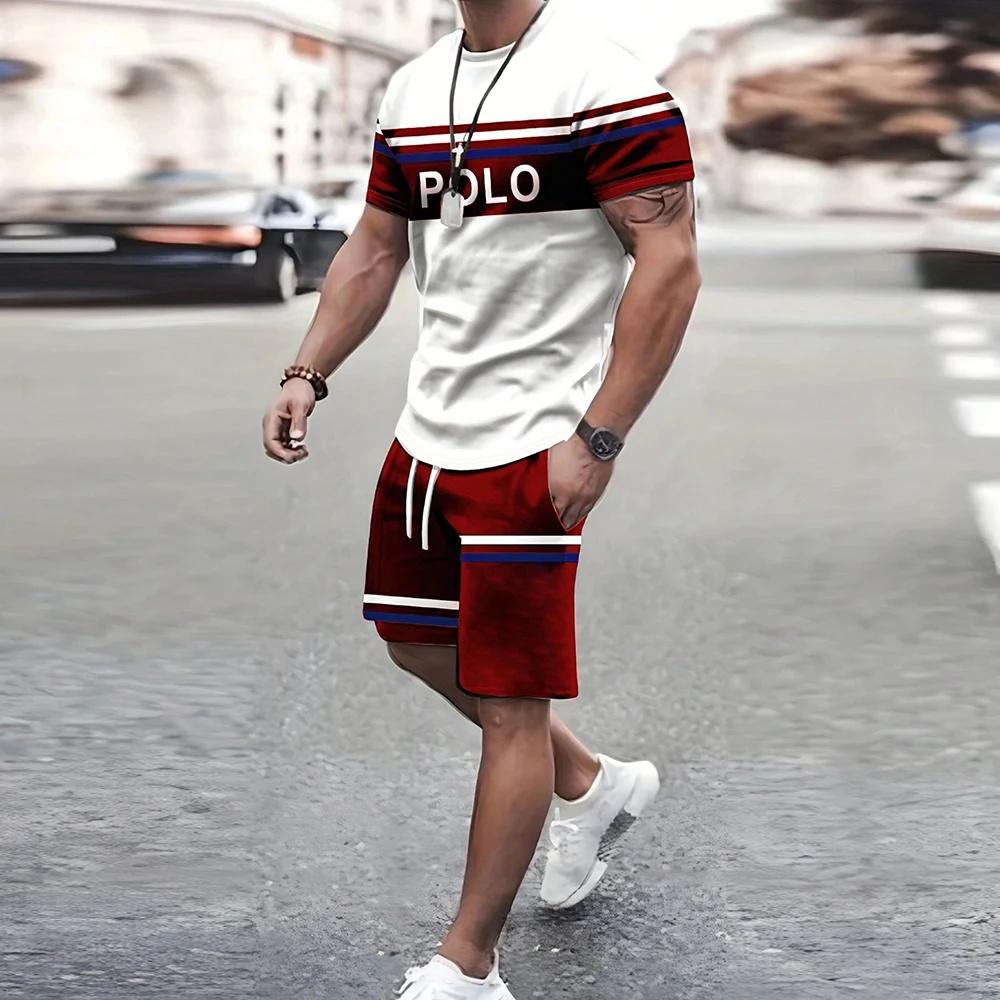 Navy anchor pattern men's set 3D printed summer outdoor short sleeved T-shirt+pants two-piece casual sports plus size men's set