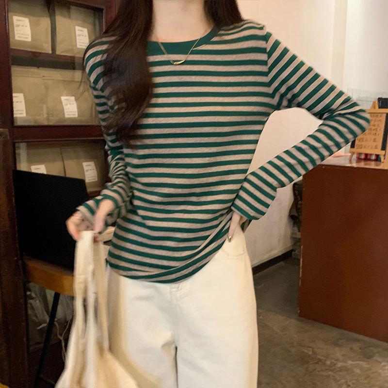 

Сшитая контрастная полосатая футболка для женщин на весну и осень, новая мода, шикарный, нерегулярный дизайн, манжеты, низ рубашки сверху XL