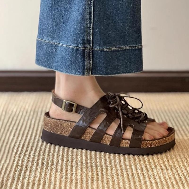 Cowhide Version~ New Hollow Lace-up Leather Shoes for Women To Wear Retro Round Head Versatile Thick-soled Beach Sandals