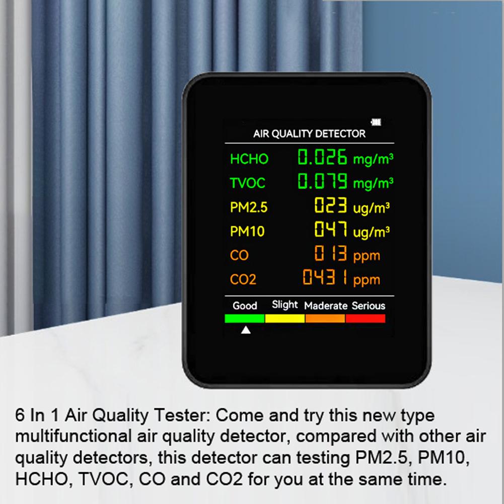 6 In 1 Multifunctional Air Quality Detector PM2.5 PM10 HCHO TVOC CO CO2 Formaldehyde Monitor LCD Display Home Air Quality Tester