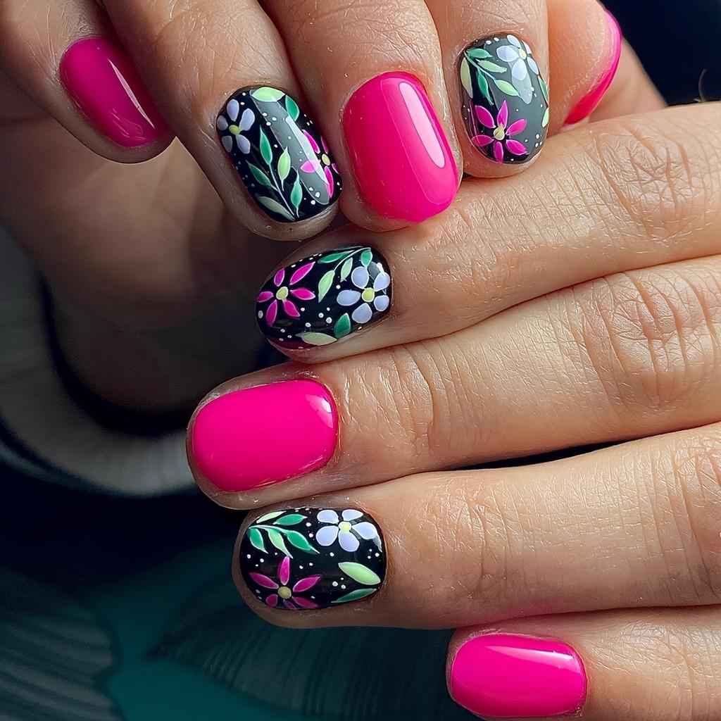 24pcs Vibrant Floral & Leaf Design Press-On Nails - Short Square, Full Cover, Glossy Finish in Mixed Colors with Red & Black