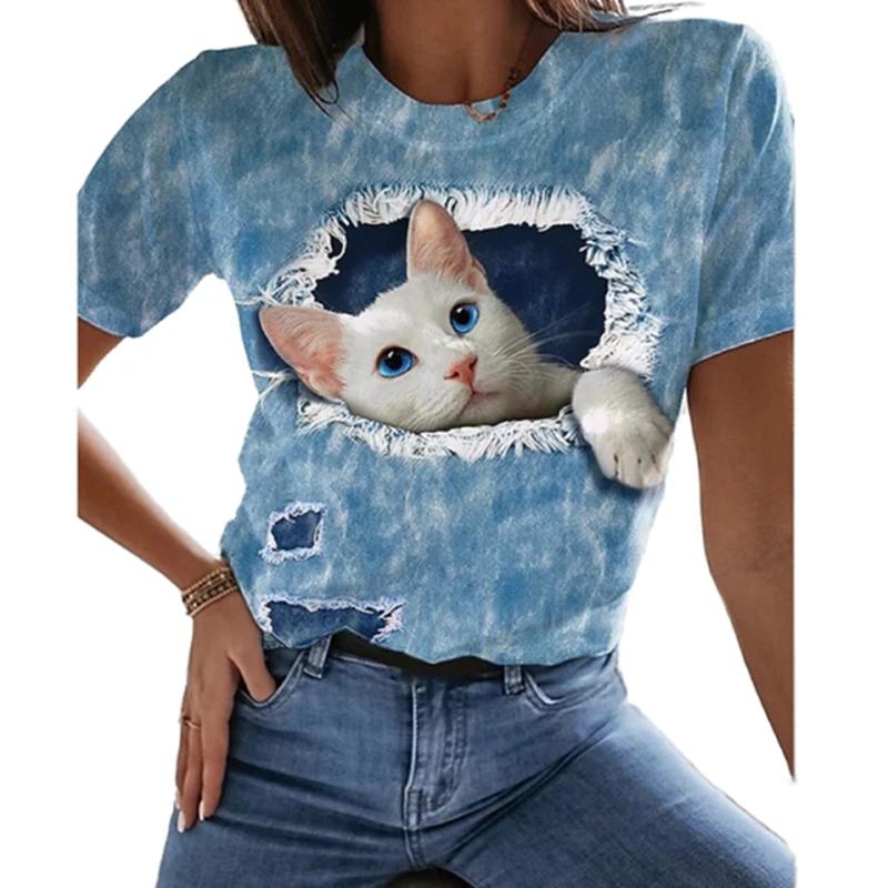 Women's T-shirt Fashion Short-sleeved Top 3d Cat Print Black Kawaii Summer Top
