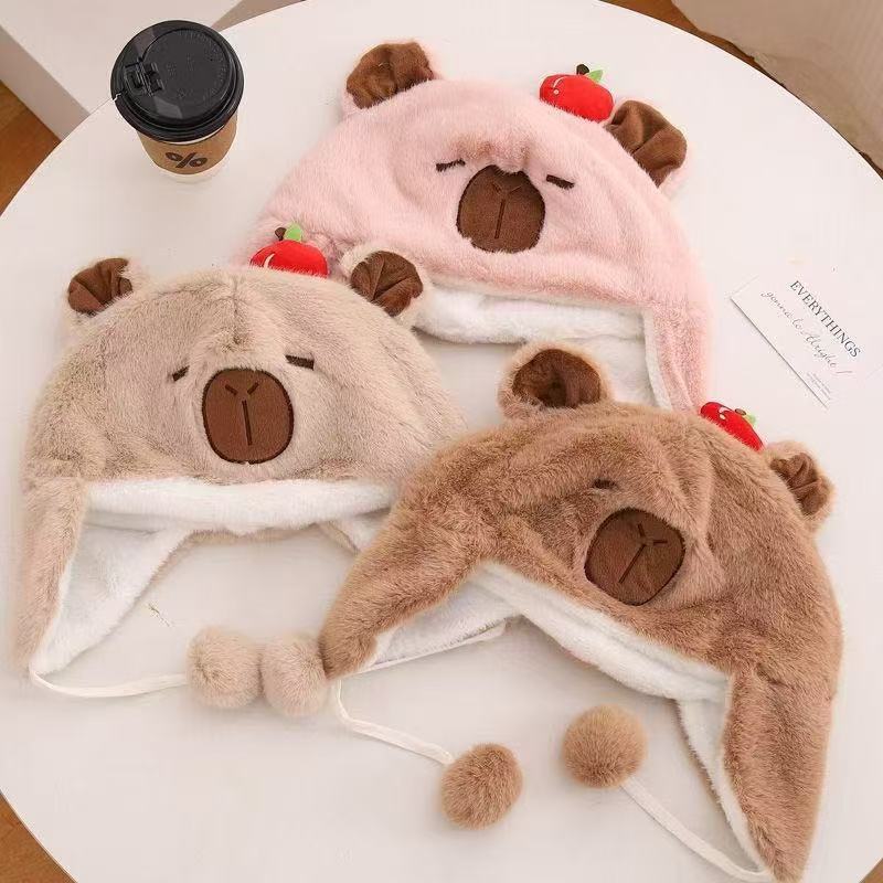 Children's hats winter cute cute kapibara plush ear protection hat thickened cold beret women's senior sense
