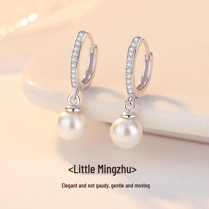 Genuine S925 Sterling Silver Pearl Hoop Earrings for Women - Elegant Japanese & Korean Style, Perfect for Mother's Day.