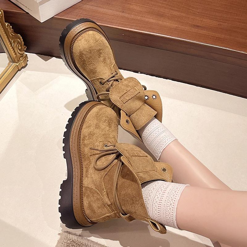 Fashion New Platform Single Boot Fall Round Toe Deep Mouth Front Lace-Up Rear Zip Anti-Slip Booties