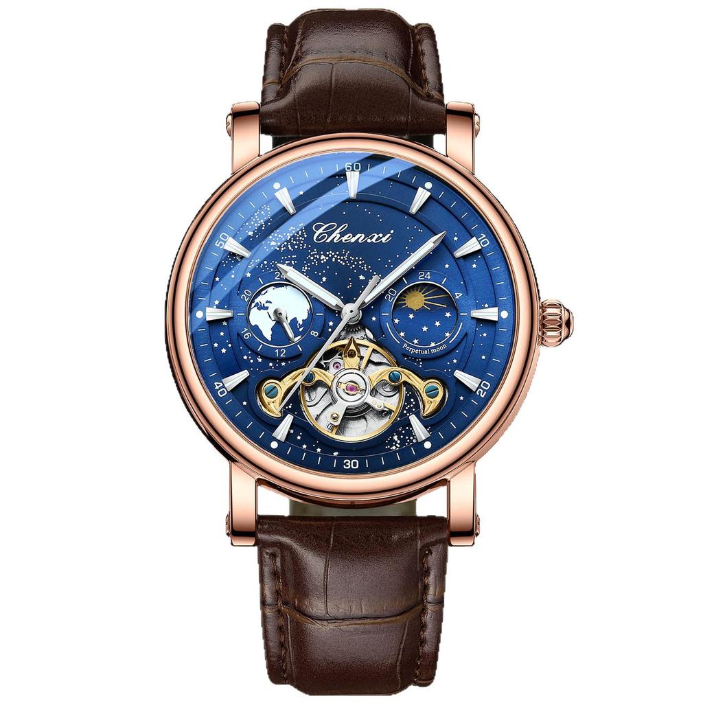 Dawn Star River Moon Phase Skeleton Tourbillon Men's Automatic Luminous Leather Strap Watch